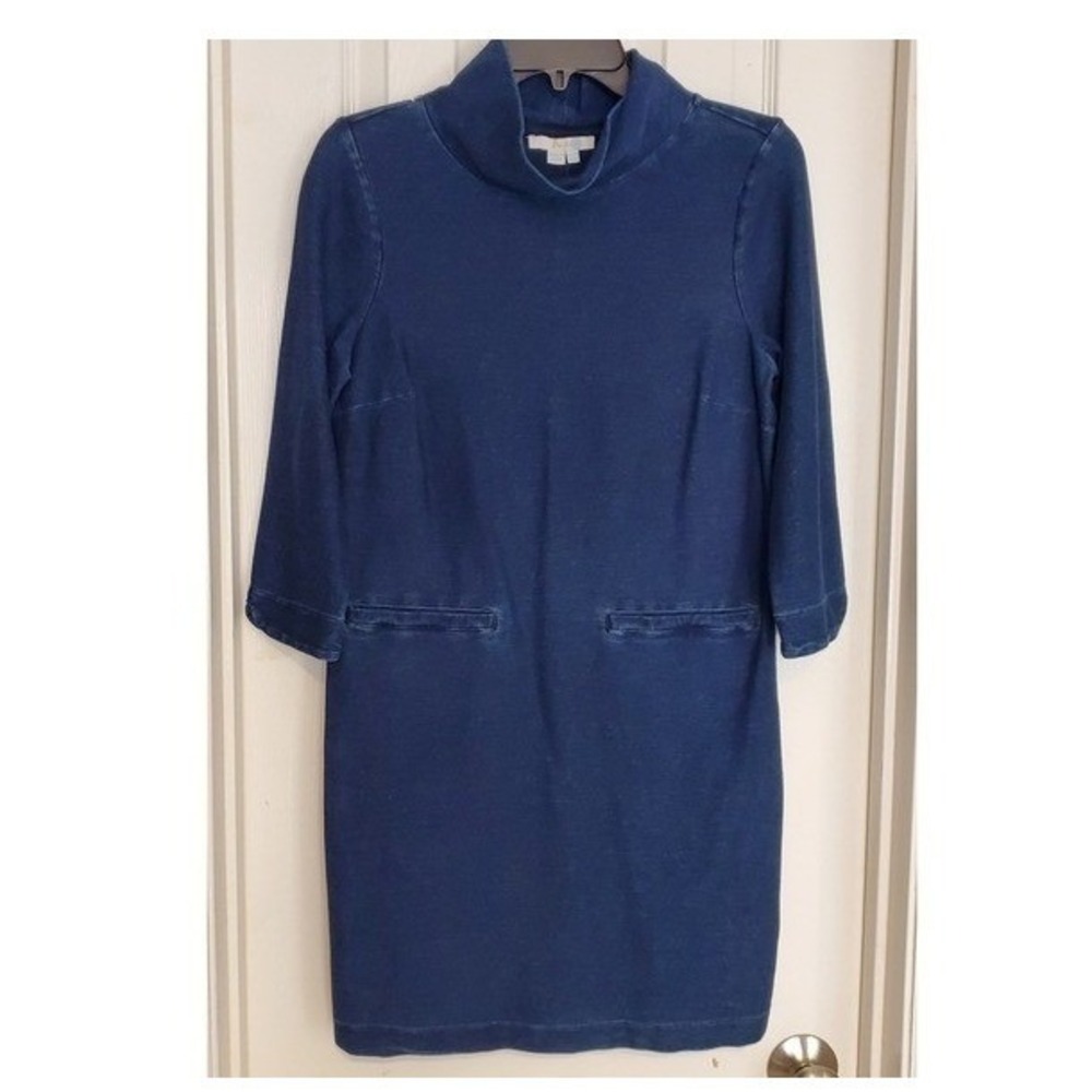Boden Denim Look Mini Dress Blue Casual Funnel Neck 3/4 Sleeve Shift US 6R